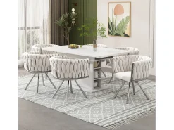 Juego de 6 sillas giratorias con reposabrazos, patas metálicas plateadas y tapizadas en terciopelo beige.
