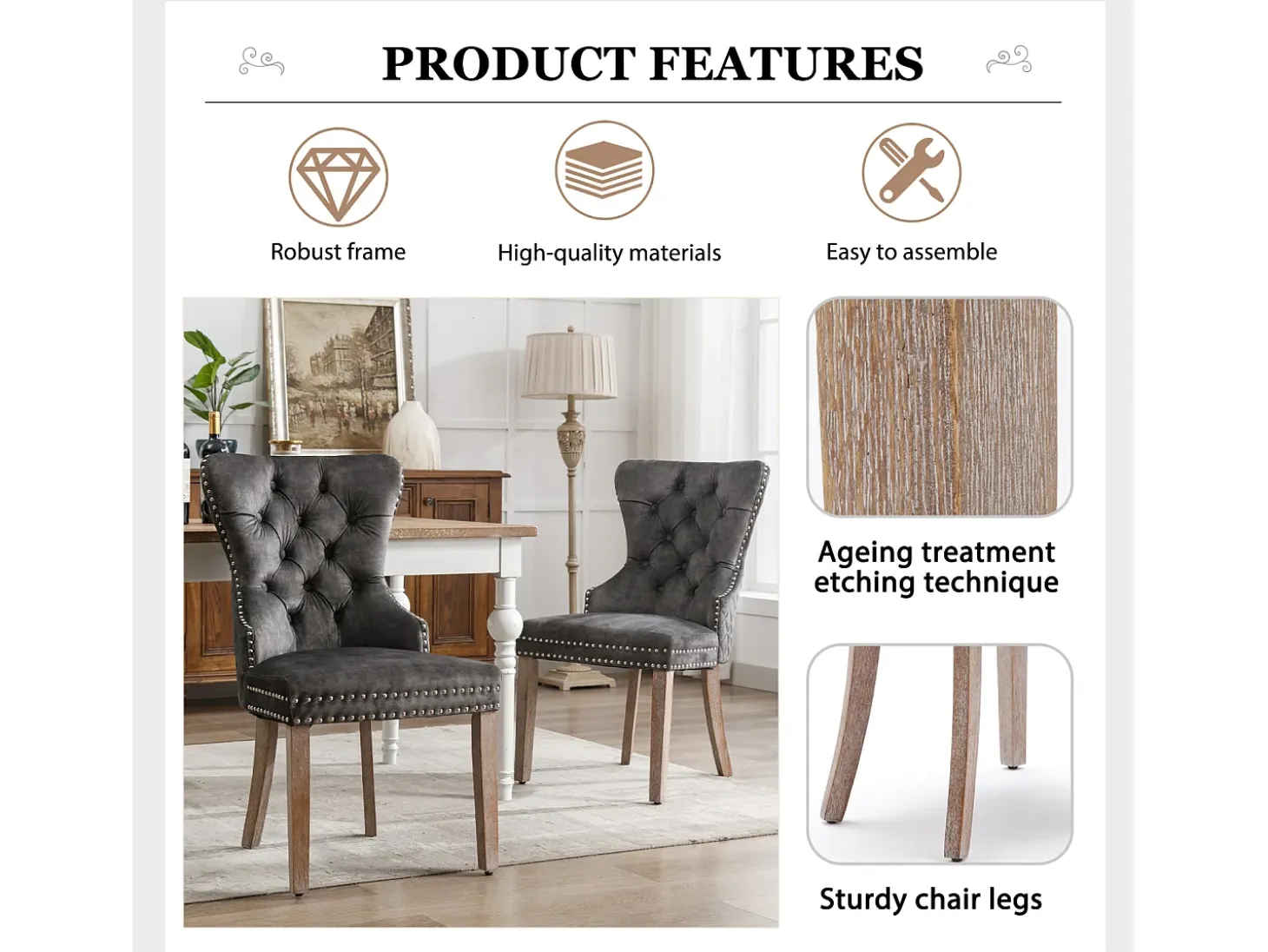 Juego de 4 Sillas para Comedor, Cocina y Sala Silla Tapizada Patas de Madera Maciza - 53,5x64x95cm Gris