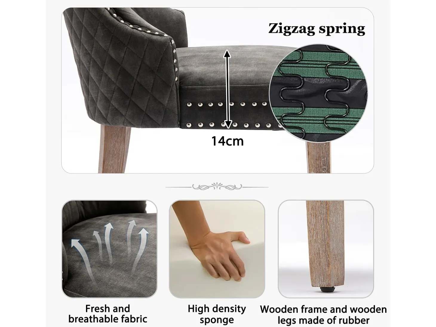 Juego de 4 Sillas para Comedor, Cocina y Sala Silla Tapizada Patas de Madera Maciza - 53,5x64x95cm Gris