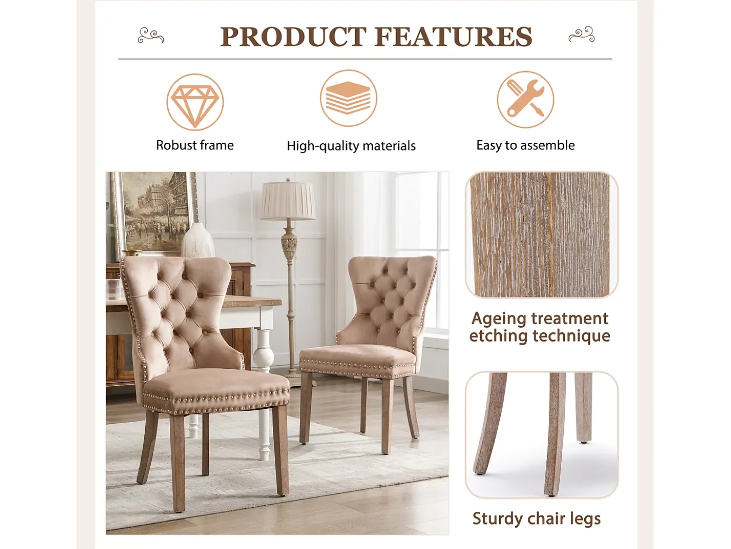 Juego de 6 Sillas para Comedor, Cocina y Sala Silla Tapizada Patas de Madera Maciza - 53,5x64x95cm Marrón