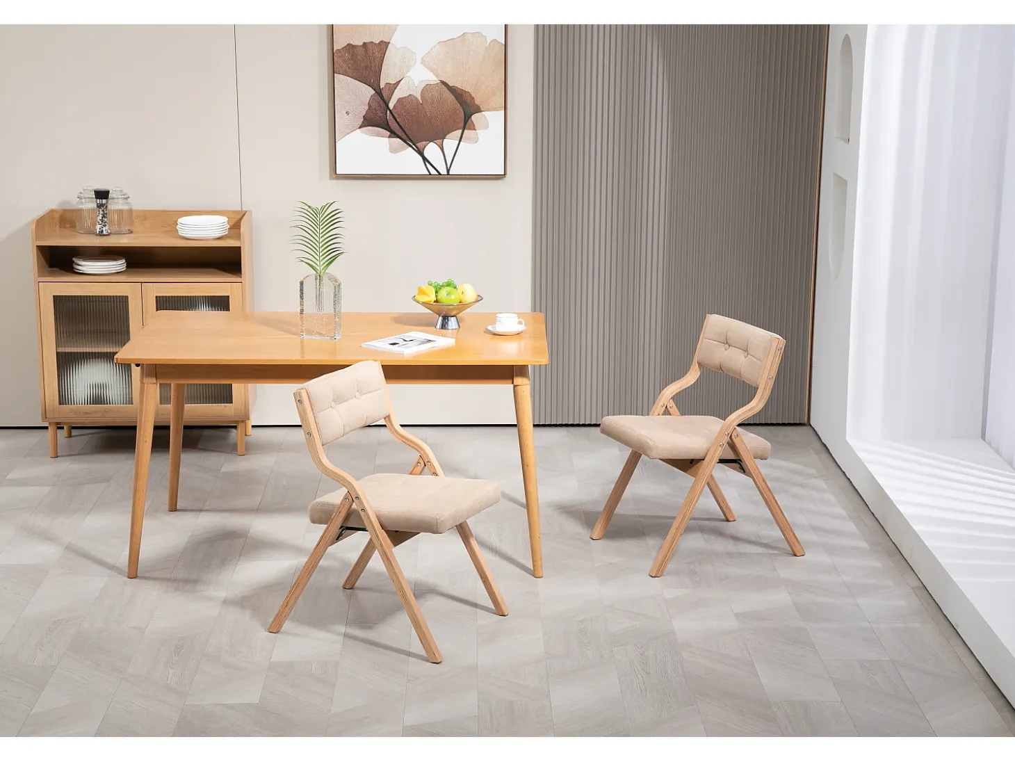 Juego de 2 sillas plegables de madera con cojín, color crema (61 x 48 x 77 cm)
