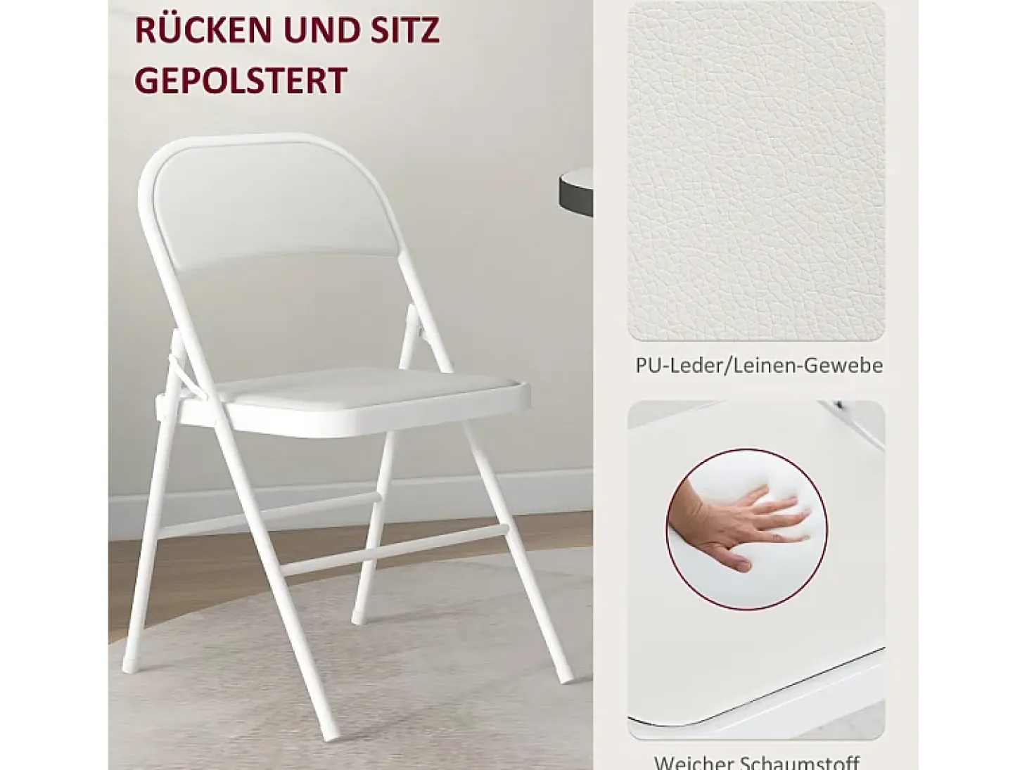 Juego de 4 sillas plegables, sillas de oficina portátiles con cojines de piel sintética, patas de acero, para recepción, sala de espera, color blanco
