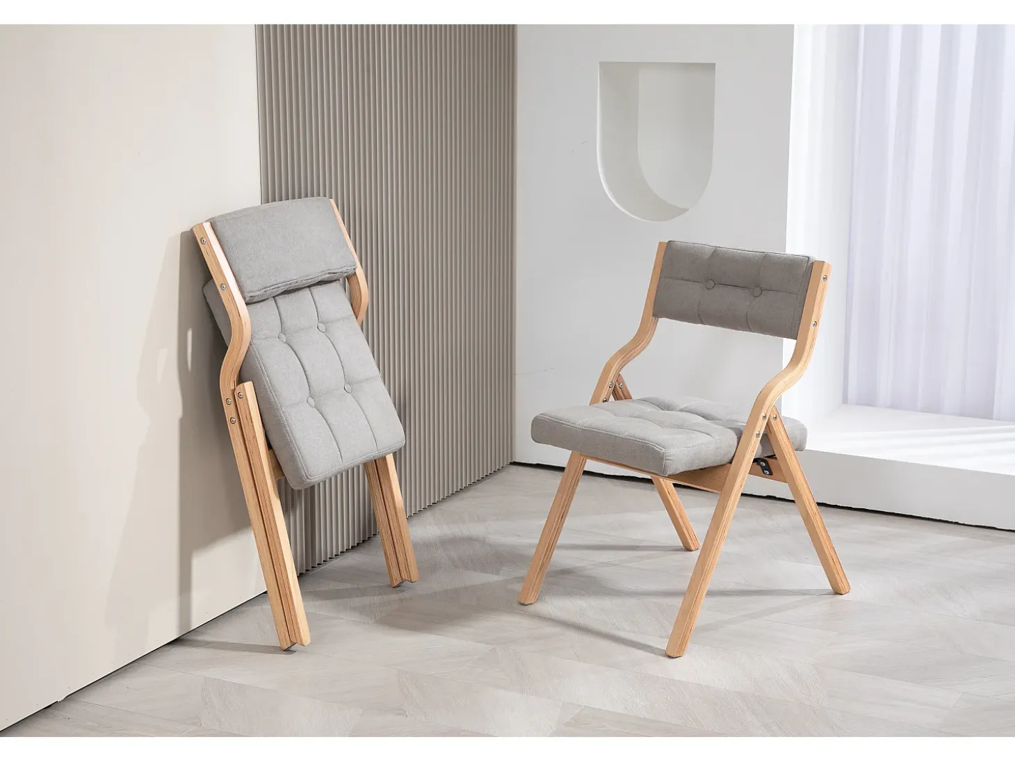 Juego de 2 sillas plegables con cojines - Gris y madera