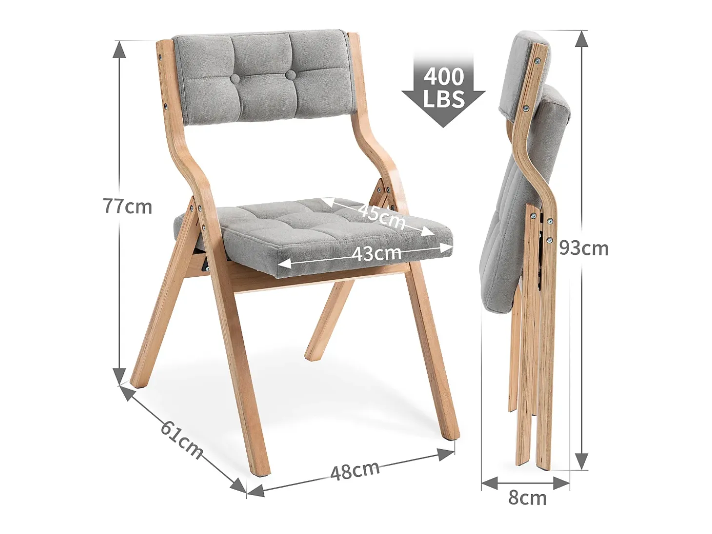 Juego de 2 sillas plegables con cojines - Gris y madera