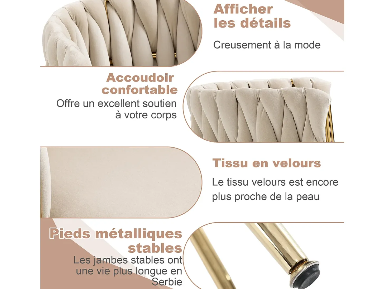 Juego de 2 sillas/sillones de comedor de terciopelo, estructura de metal dorado, beige