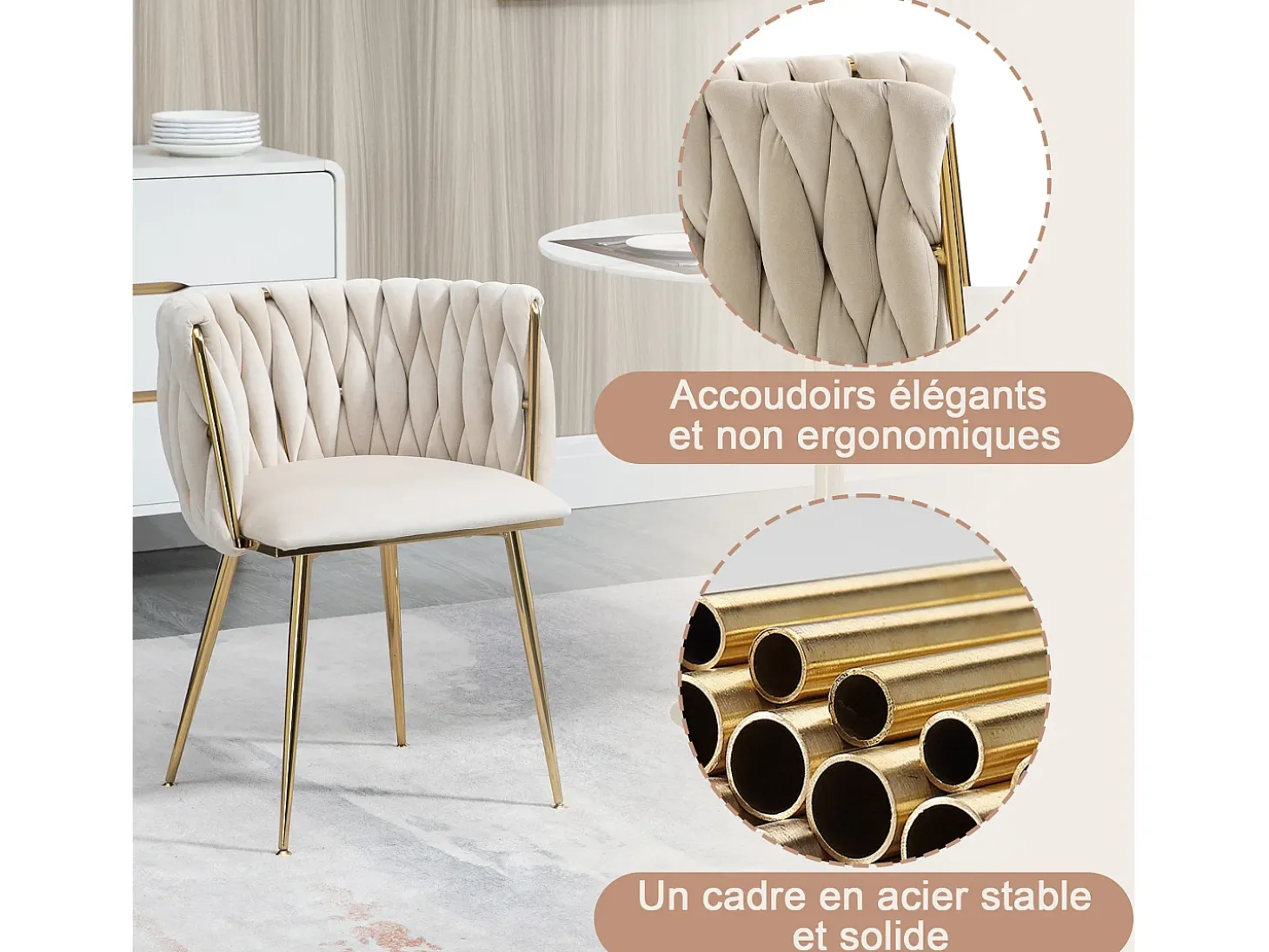 Juego de 2 sillas/sillones de comedor de terciopelo, estructura de metal dorado, beige