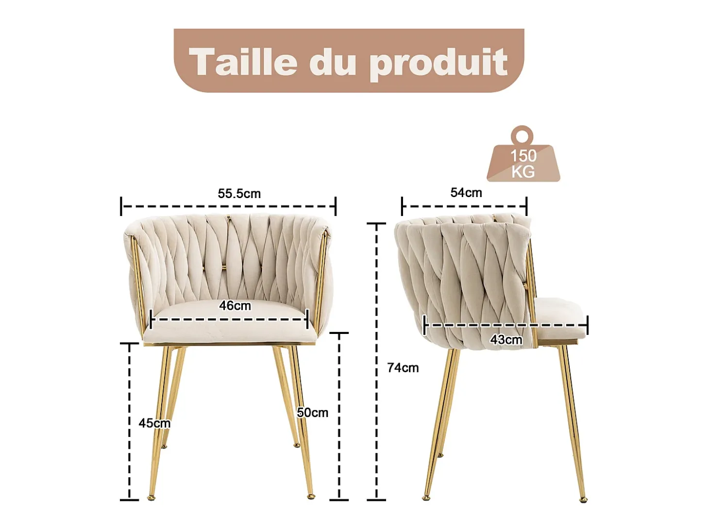 Juego de 2 sillas/sillones de comedor de terciopelo, estructura de metal dorado, beige