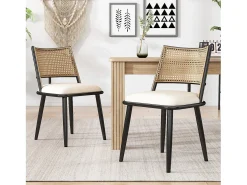 Juego de 4 sillones de ratán con asiento acolchado de PU, color negro