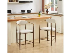 Juego de 2 taburetes de bar con reposabrazos - Tejido beige - Estructura de metal marrón y dorado