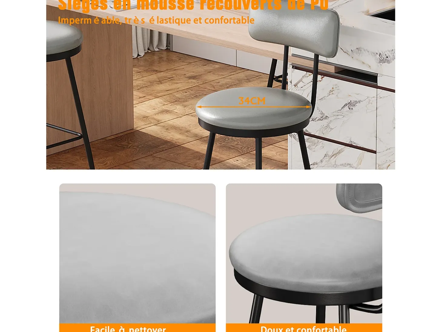 Juego de 4 taburetes de bar, silla alta de cocina con reposapiés y respaldo, para comedor y cocina, piel sintética, color gris