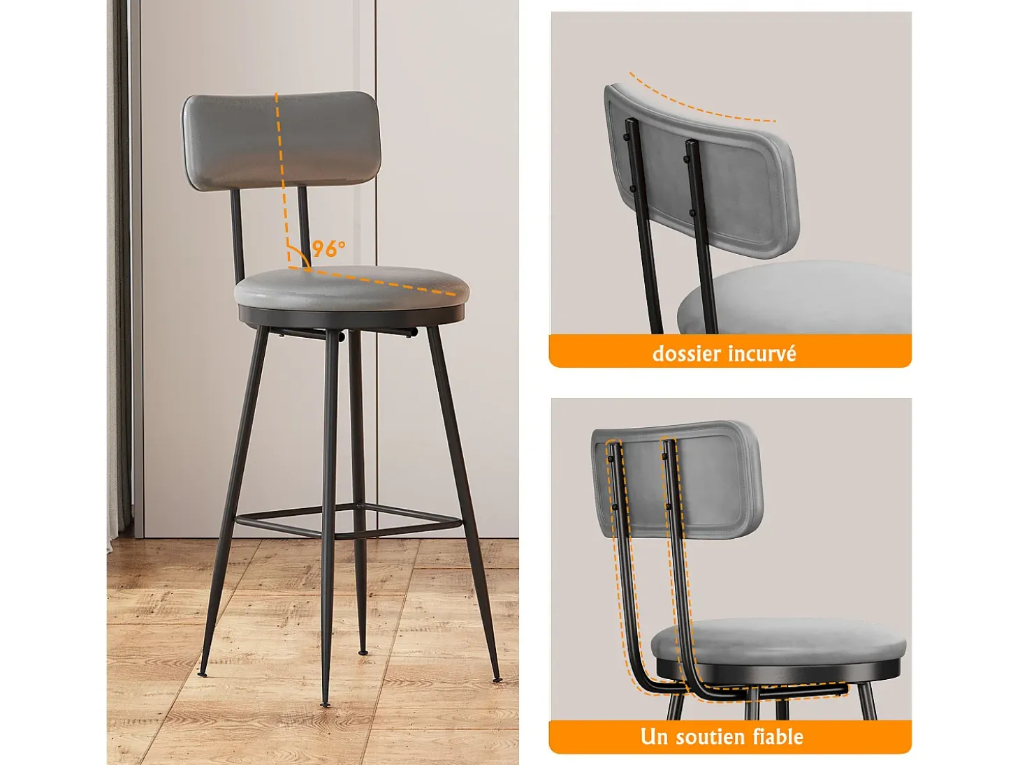 Juego de 4 taburetes de bar, silla alta de cocina con reposapiés y respaldo, para comedor y cocina, piel sintética, color gris
