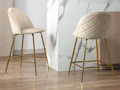 Juego de 2 taburetes de bar - Terciopelo y metal dorado - Beige - MELBOURNE