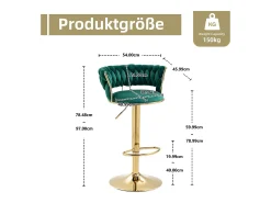 Juego de 2 taburetes de bar giratorios en terciopelo - Altura regulable - Verde esmeralda y dorado