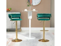 Juego de 2 taburetes de bar giratorios en terciopelo - Altura regulable - Verde esmeralda y dorado