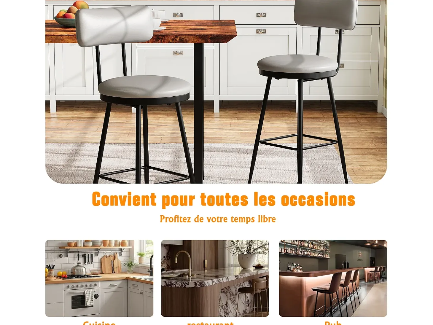 Juego de 2 taburetes de bar, silla alta de cocina con reposapiés y respaldo, para comedor y cocina, piel sintética, color gris