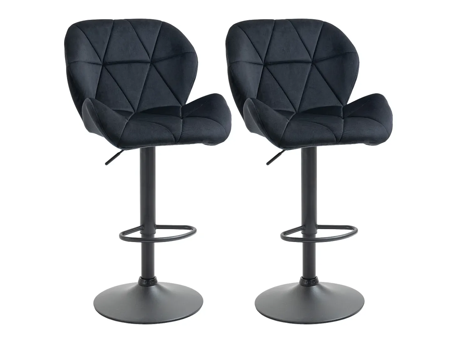 Juego de 2 taburetes de bar, giratorios, regulables en altura, con respaldo, tacto terciopelo, negro, sin brazos