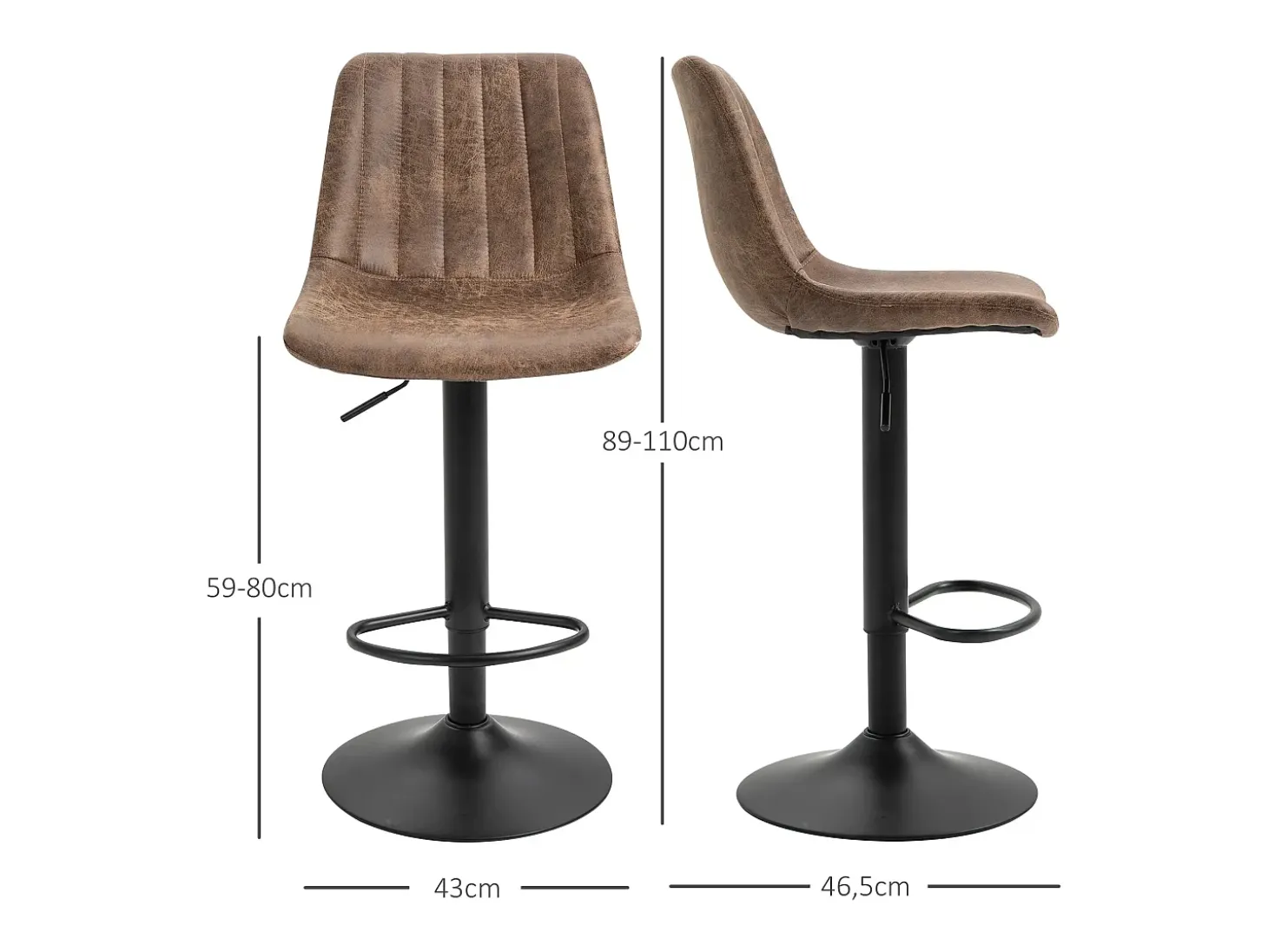 Juego de 2 taburetes de bar, taburete de cocina de altura regulable con reposapiés, silla giratoria, poliéster marrón