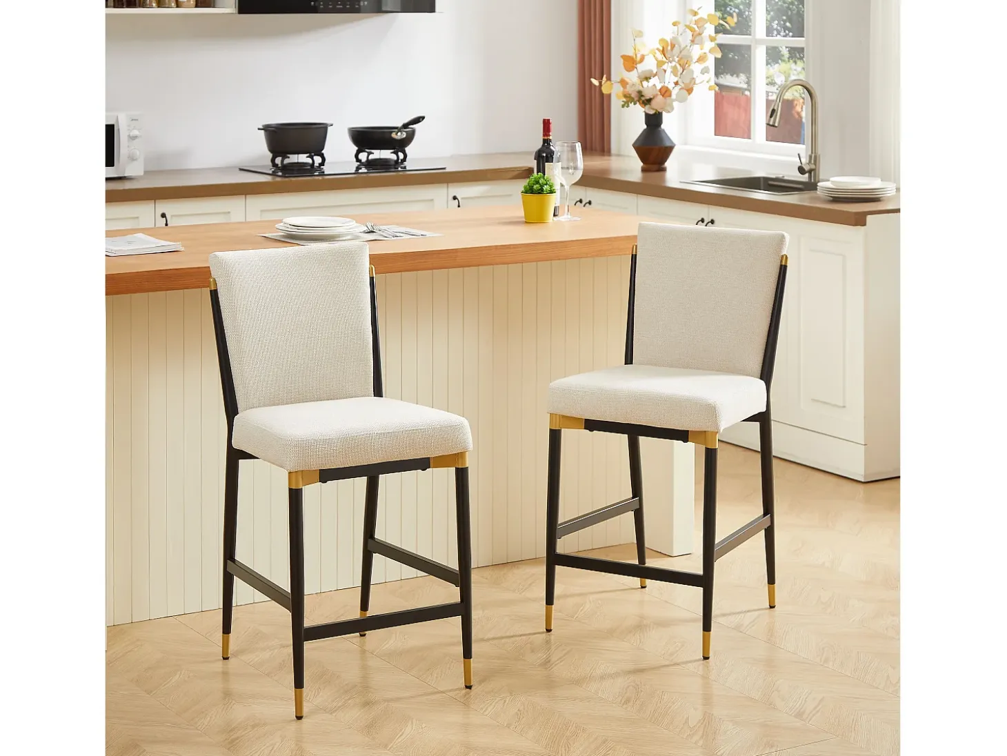 Juego de 2 taburetes de bar de tela beige - Estructura de metal negro y dorado
