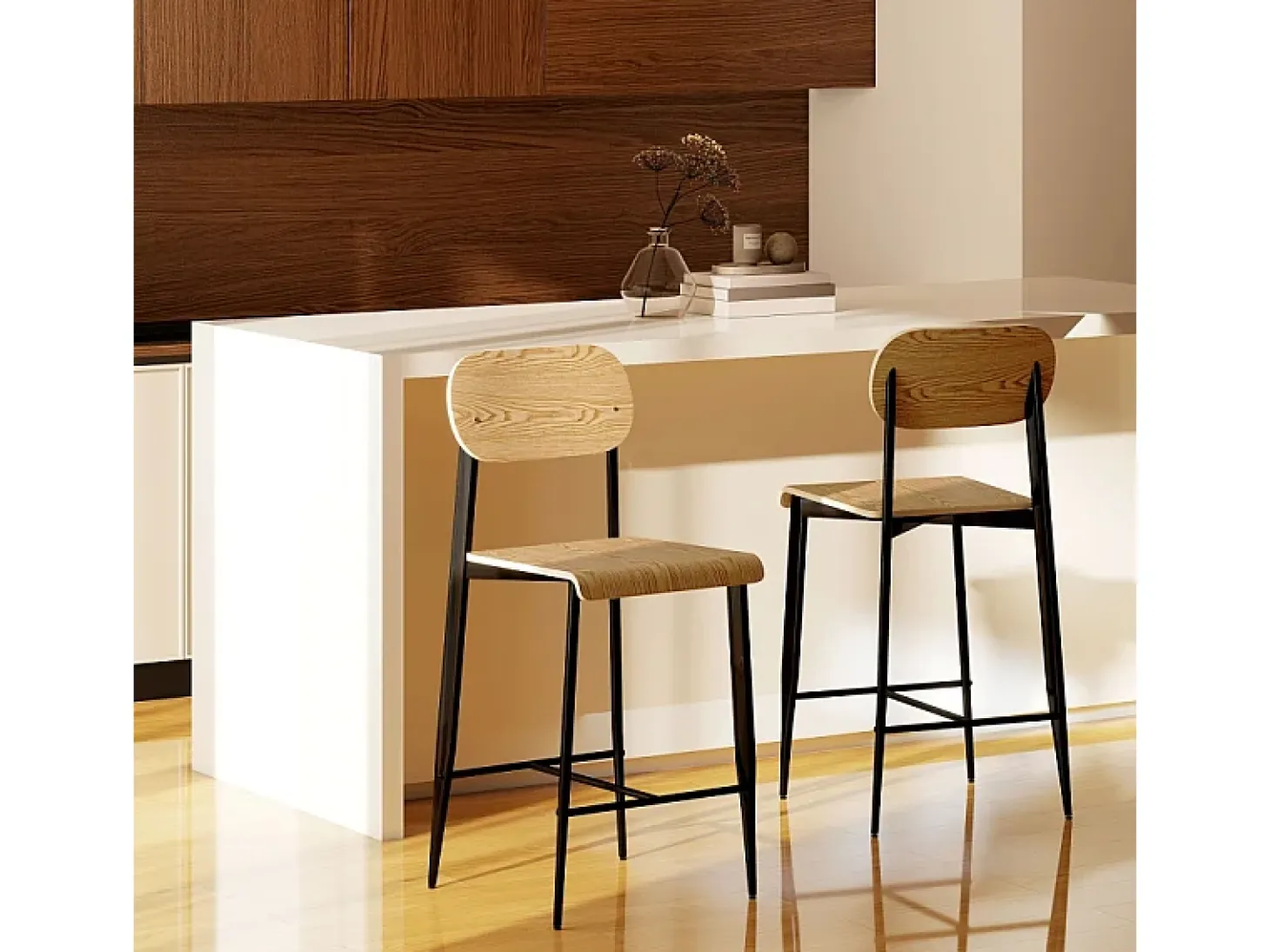 Juego de 2 taburetes de bar con reposapiés, estructura de metal, altura del asiento 66 cm, diseño industrial, madera natural + negro