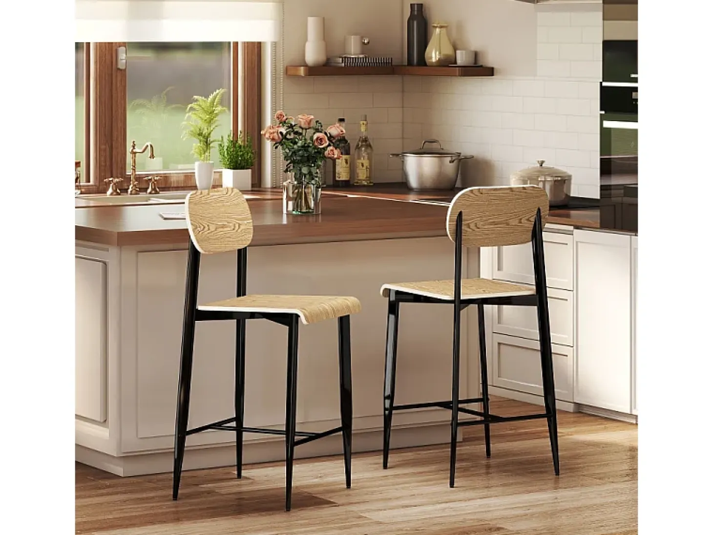Juego de 2 taburetes de bar con reposapiés, estructura de metal, altura del asiento 66 cm, diseño industrial, madera natural + negro
