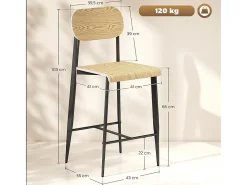 Juego de 2 taburetes de bar con reposapiés, estructura de metal, altura del asiento 66 cm, diseño industrial, madera natural + negro