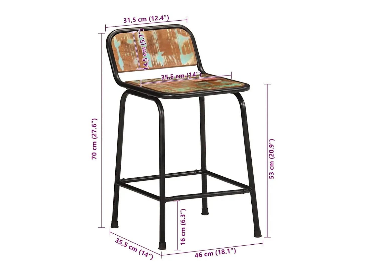 Juego de 2 taburetes de bar 46x35,5x70cm madera maciza recuperada
