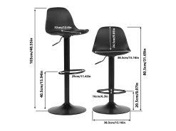 Juego de 4 Taburetes de Barra Negros Ajustables en Altura con Respaldo y Reposapiés, Giratorios 360°