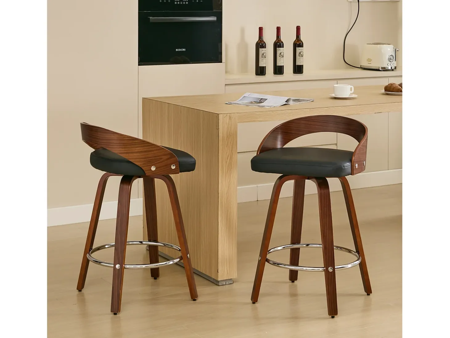 Juego de 2 taburetes de bar giratorios en PU con respaldo bajo - Negro y madera oscura