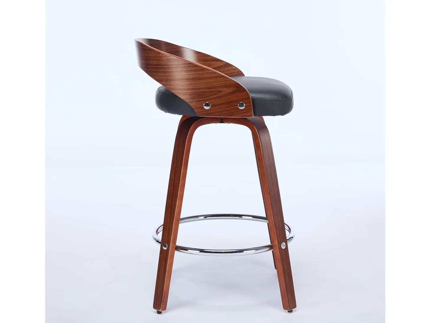 Juego de 2 taburetes de bar giratorios en PU con respaldo bajo - Negro y madera oscura