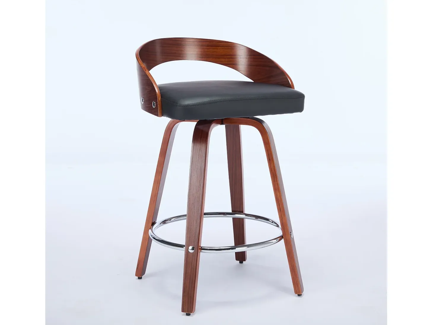 Juego de 2 taburetes de bar giratorios en PU con respaldo bajo - Negro y madera oscura