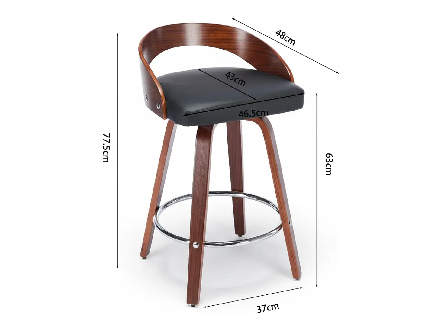 Juego de 2 taburetes de bar giratorios en PU con respaldo bajo - Negro y madera oscura