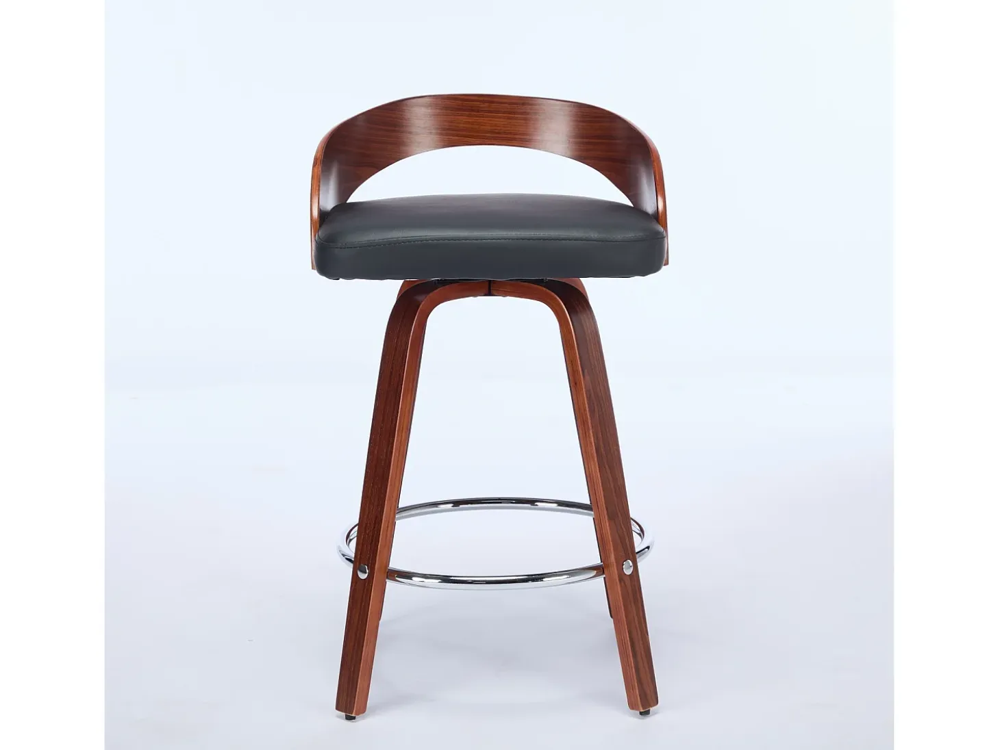 Juego de 2 taburetes de bar giratorios en PU con respaldo bajo - Negro y madera oscura