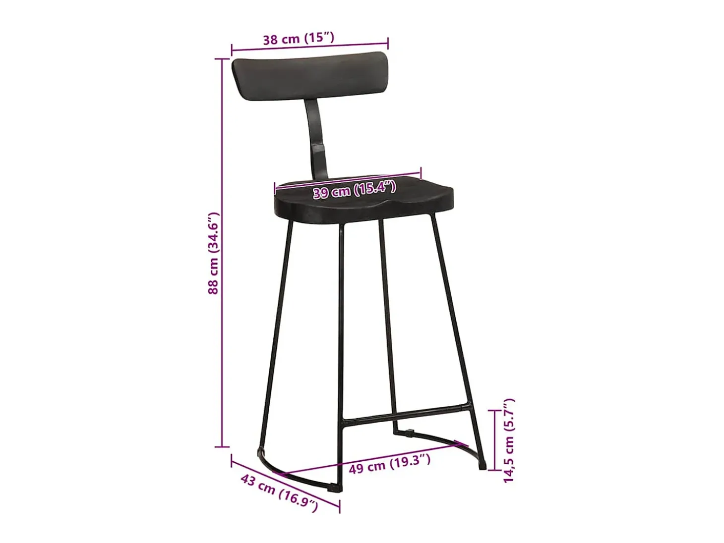 Juego de 2 taburetes de bar negros 49x43x88 cm madera maciza de mango