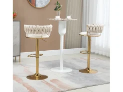 Juego de 2 taburetes de bar giratorios 360° y regulables en altura con reposapiés, terciopelo, beige y plata