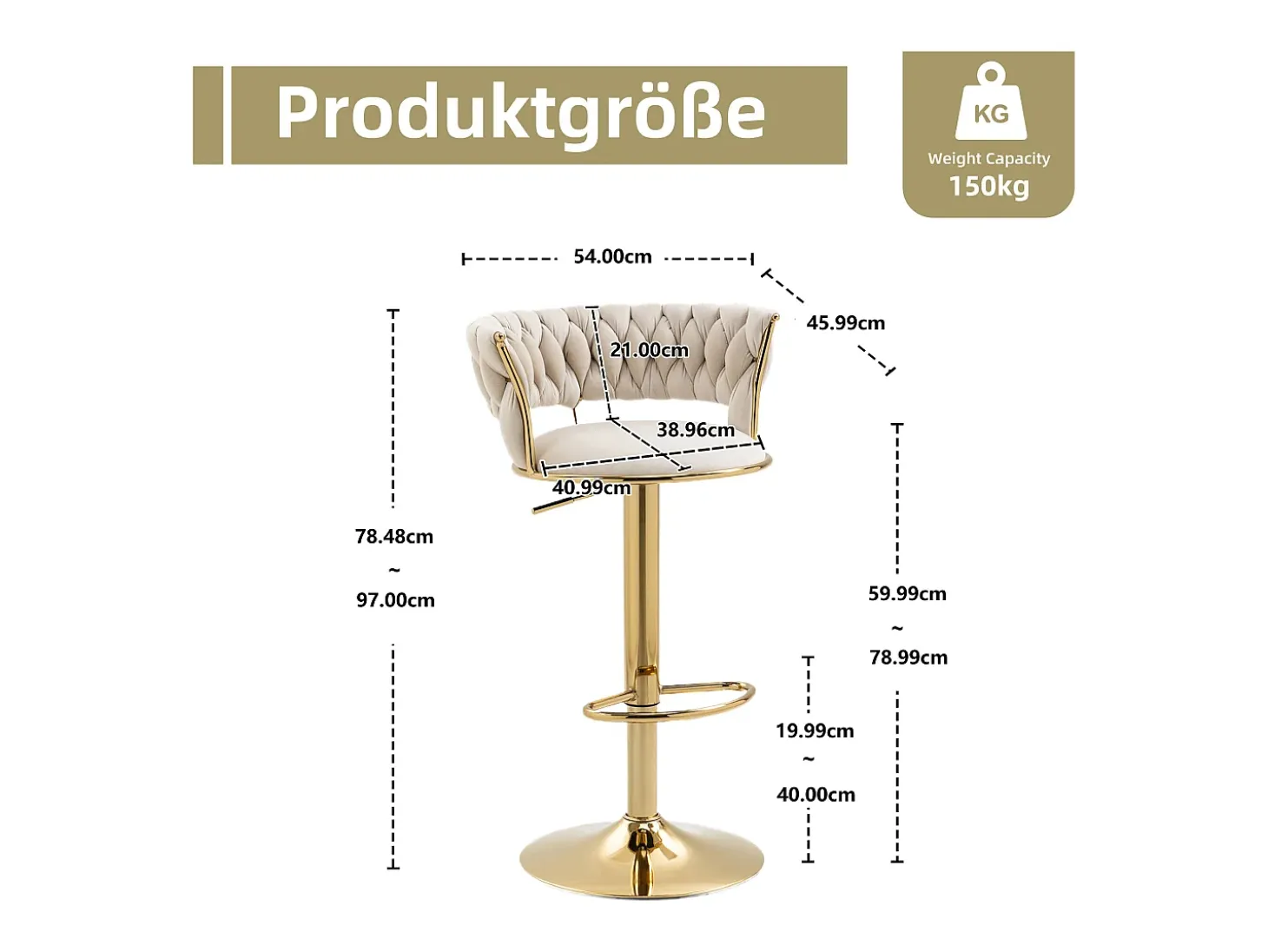 Juego de 2 taburetes de bar giratorios 360° y regulables en altura con reposapiés, terciopelo, beige y plata
