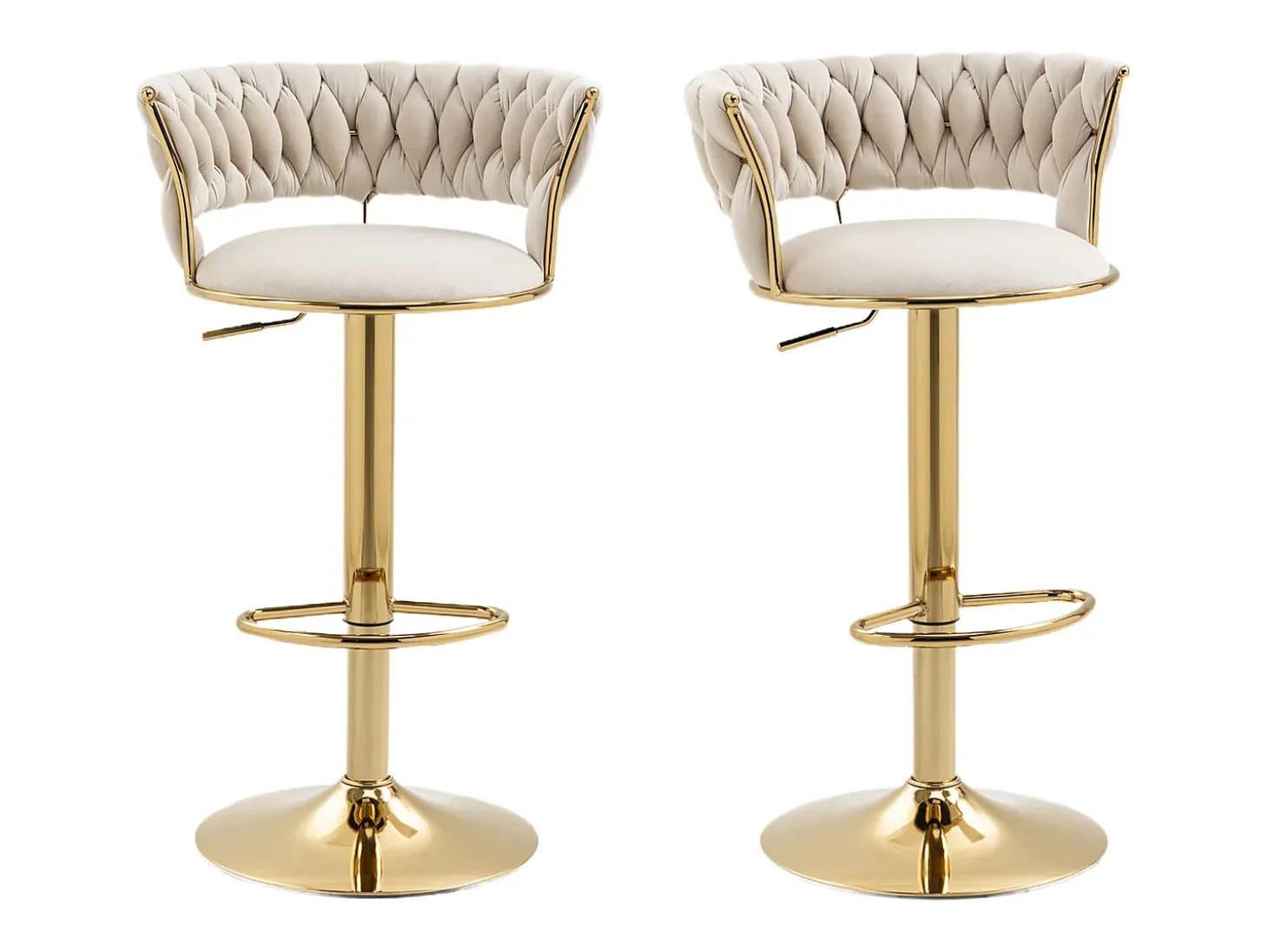 Juego de 2 taburetes de bar giratorios 360° y regulables en altura con reposapiés, terciopelo, beige y plata