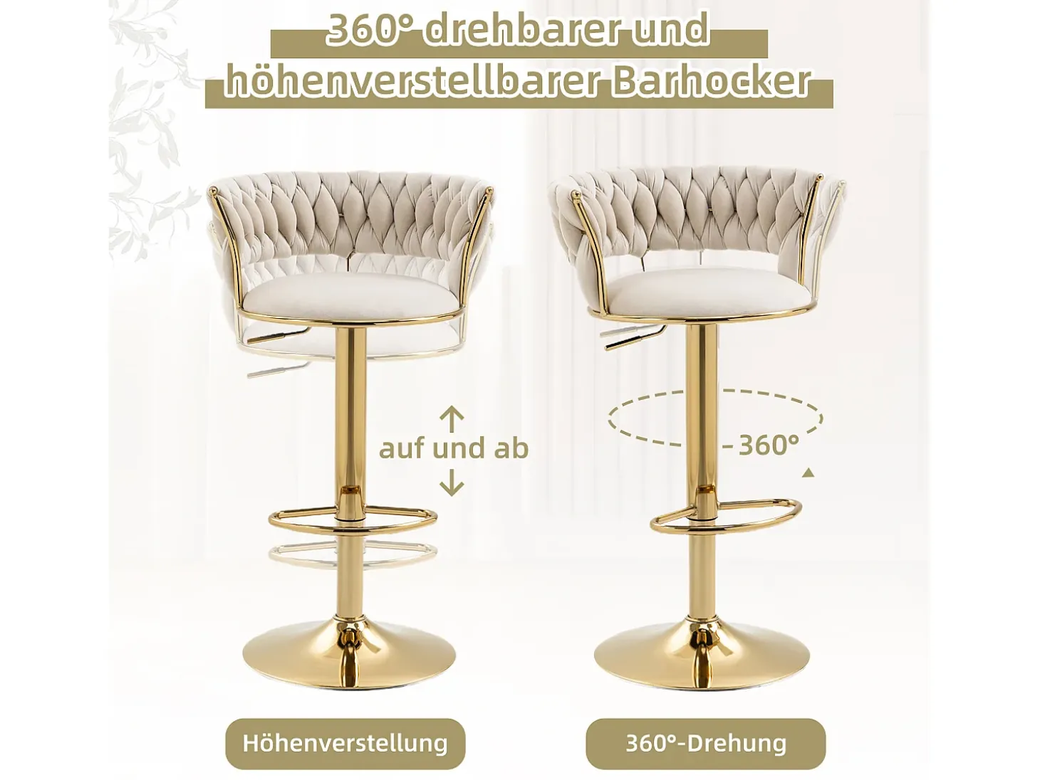 Juego de 2 taburetes de bar giratorios 360° y regulables en altura con reposapiés, terciopelo, beige y plata