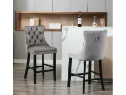 Juego de 2 taburetes de bar - Taburetes de bar con respaldo acolchado y capitoné - terciopelo gris