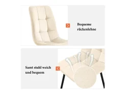 Juego de sillas de comedor (4 piezas), silla de diseño tapizada en terciopelo beige con respaldo y estructura de metal.