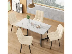 Juego de sillas de comedor (4 piezas), silla de diseño tapizada en terciopelo beige con respaldo y estructura de metal.