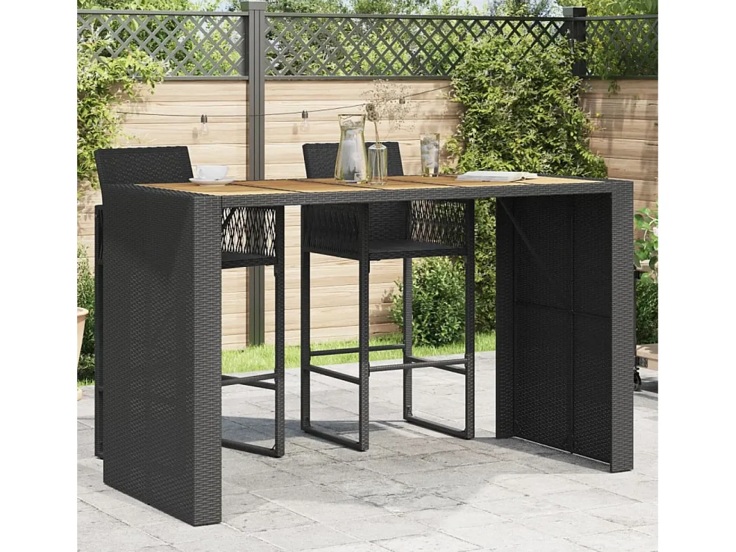 Karaca Mesa alta jardín superficie madera ratán PE negro 185x80x110 cm