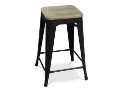 Kontoir Taburete de 76 cm de acero negro mate con asiento de pino macizo de color claro-Color Oro