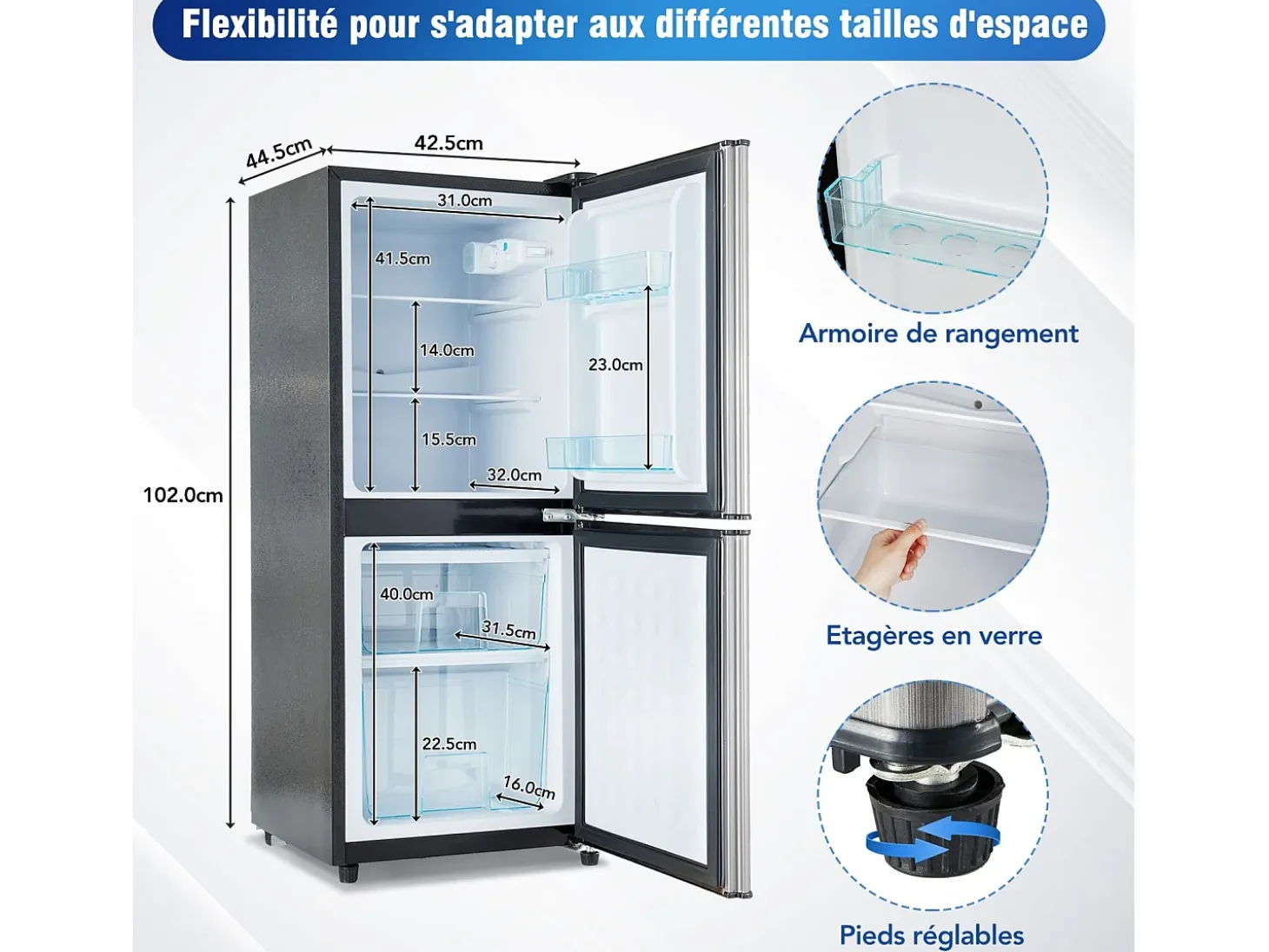 106L Silver+Negro Negra, con partición de vidrio y pies ajustables, 7 temperatura, -25 ~ 10 ℃, clase de eficiencia energética