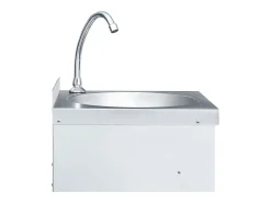 Lavabo de acero inoxidable con grifo y dispensador de jabón.
