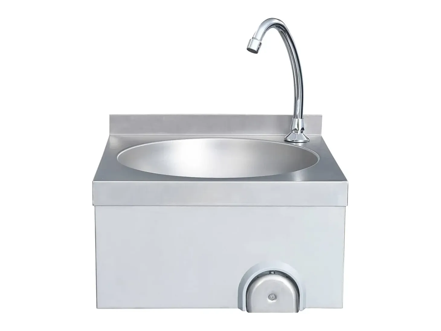 Lavabo de acero inoxidable con grifo y dispensador de jabón.