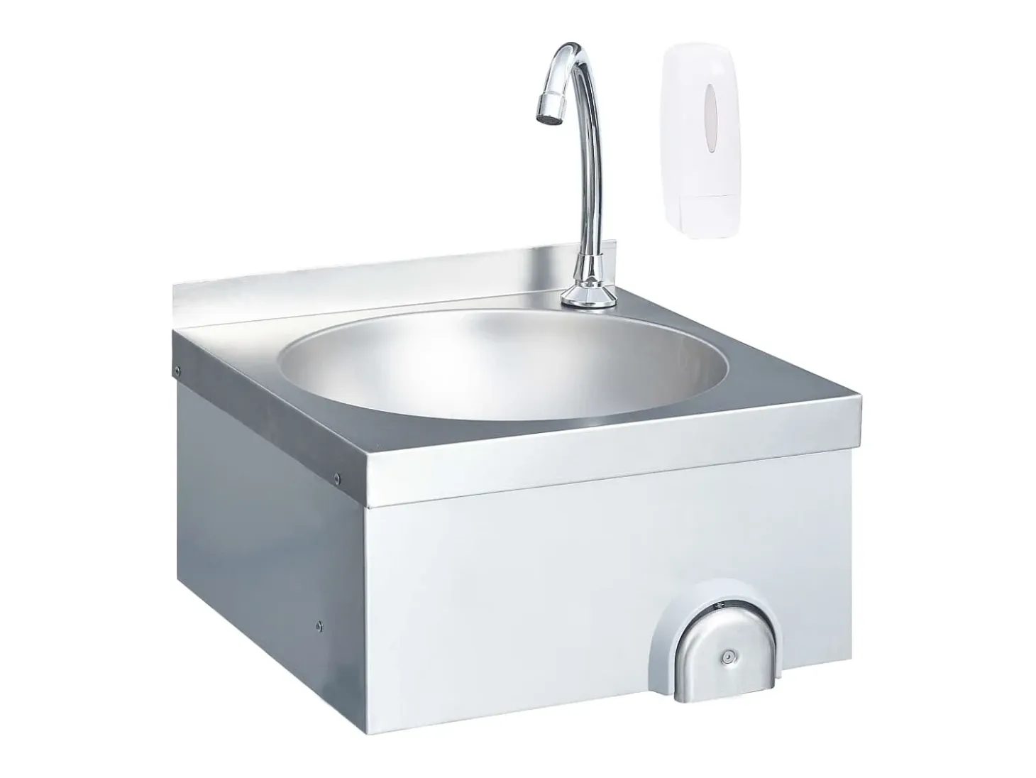 Lavabo de acero inoxidable con grifo y dispensador de jabón.