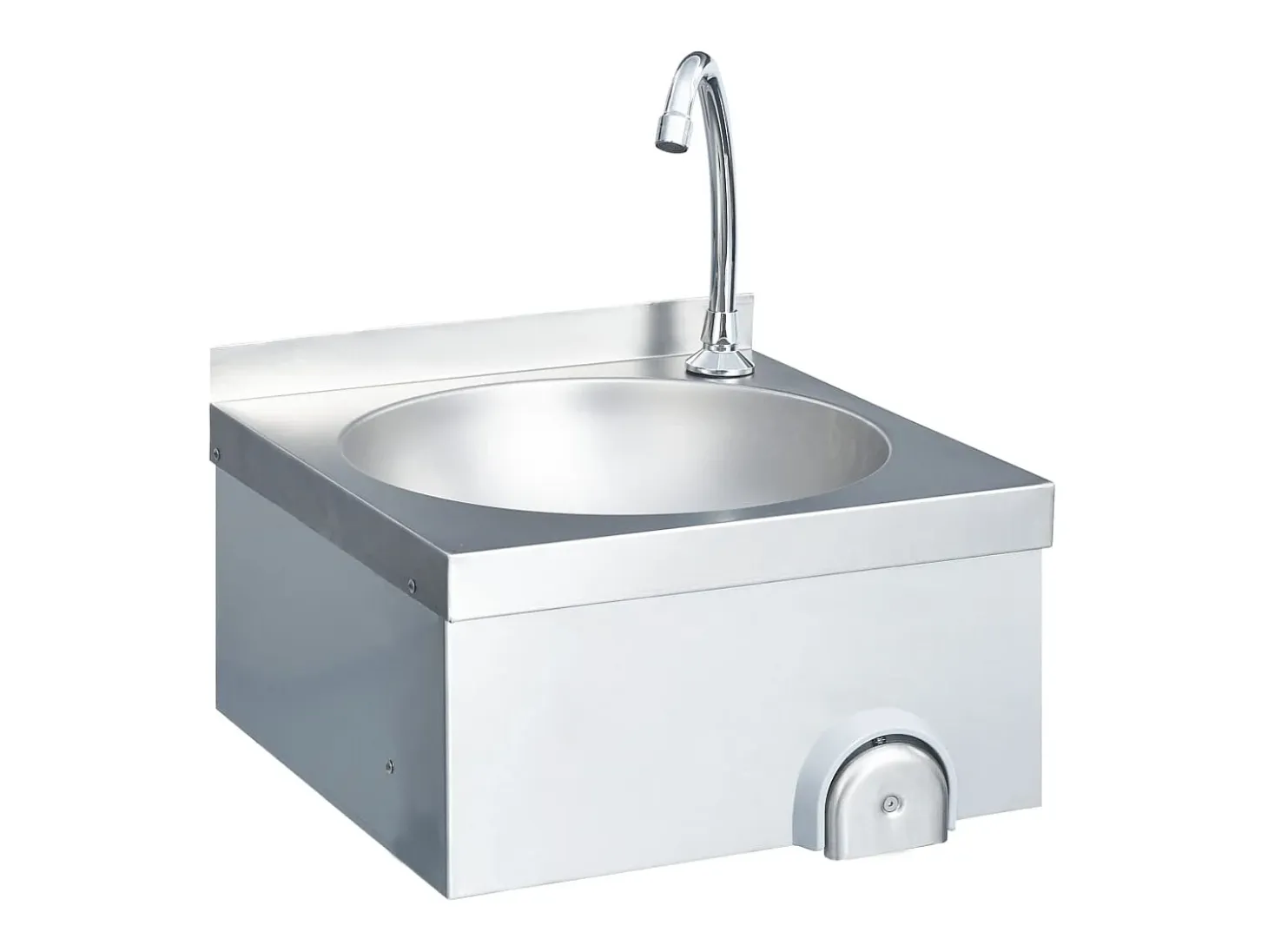 Lavabo de acero inoxidable con grifo y dispensador de jabón.