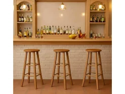 Lot de 2 tabourets de bar ronds h 80 cm pieds sabre noyer clair