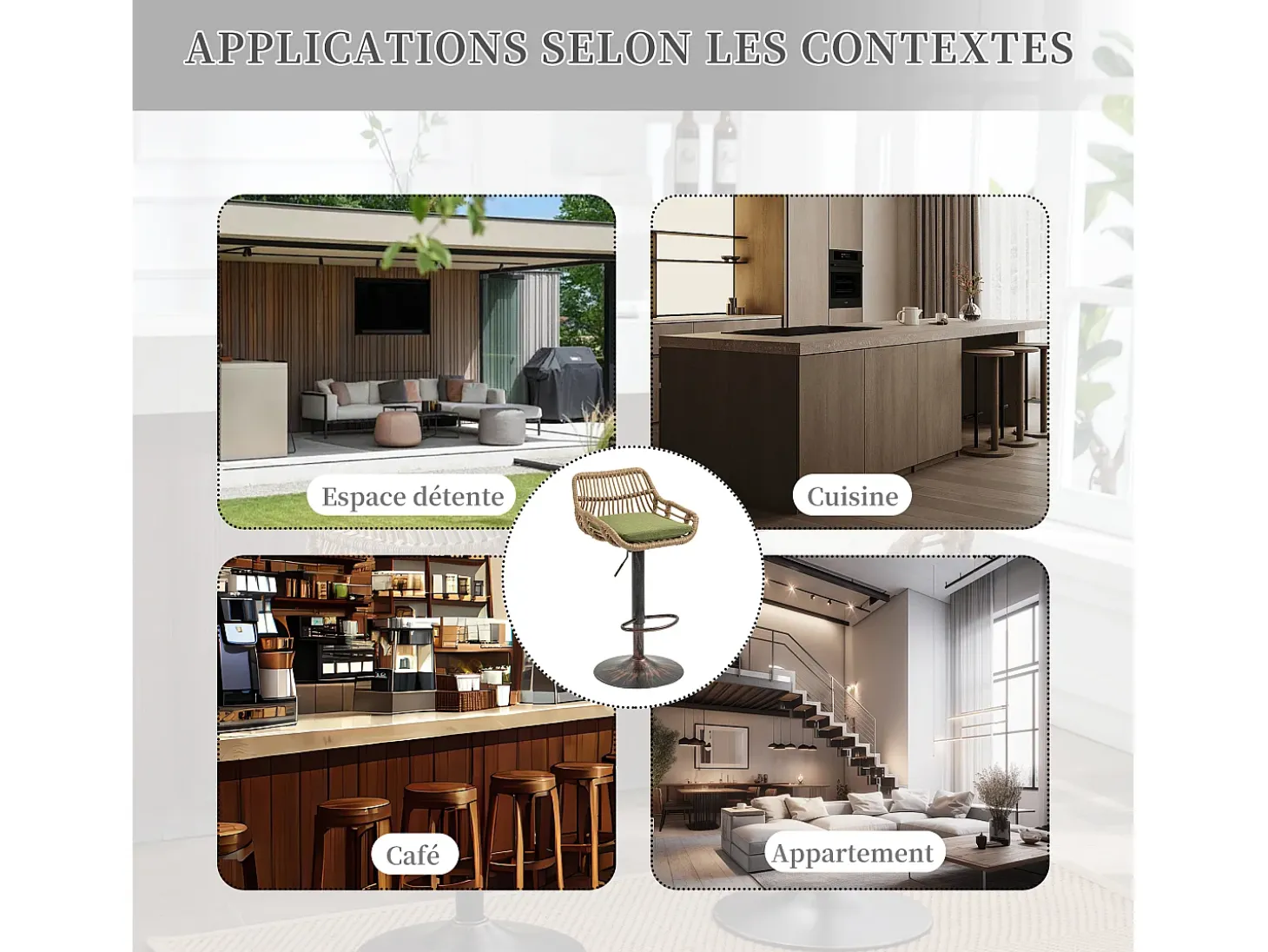 Lote de 2 Bancos Altos – Asiento de Lino Verde – Base Metálica Marrón – Diseño de Mimbre – Confort Óptimo