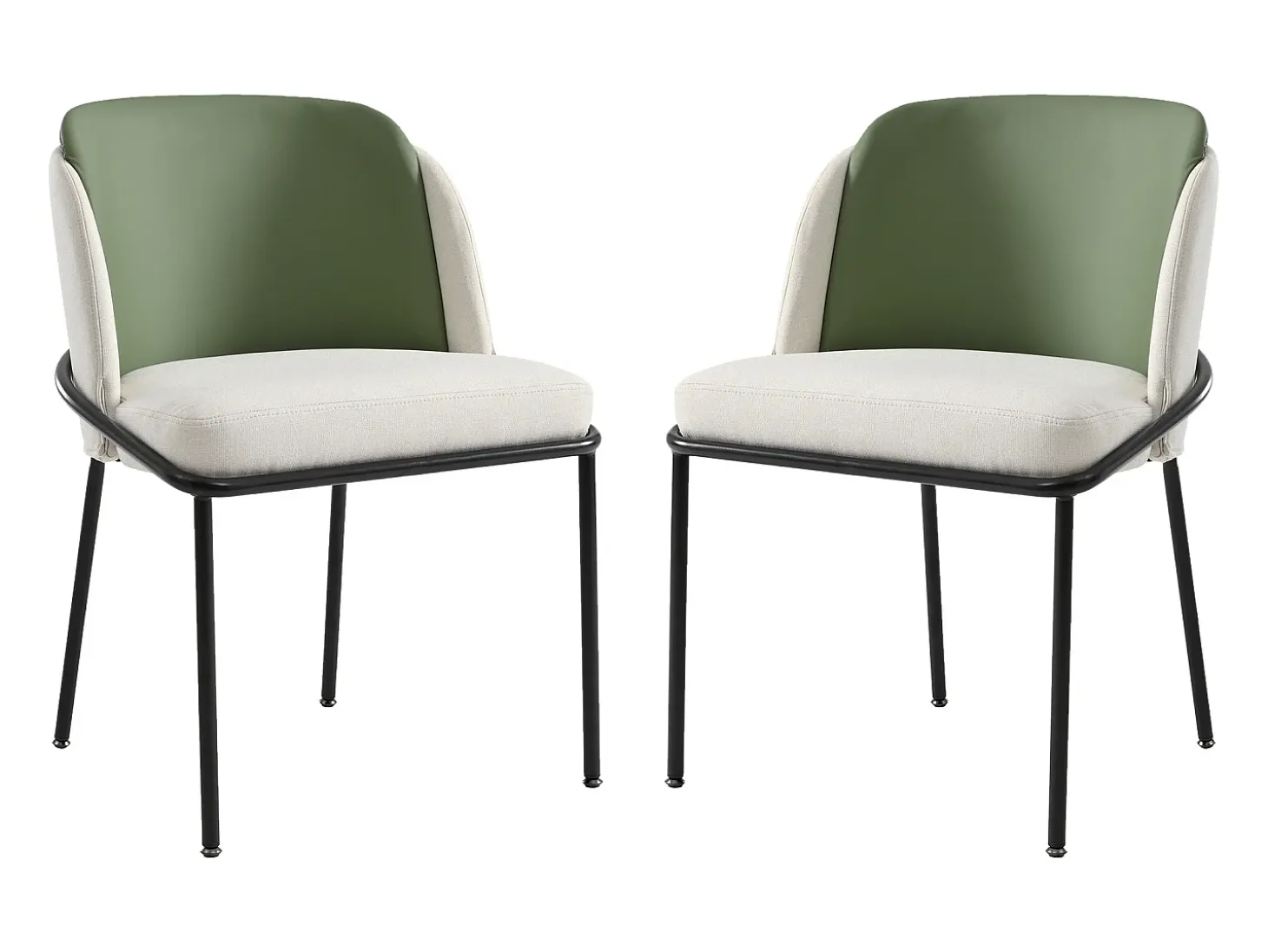 Lote de 2 Sillas - Lino y simil cuero - patas de metal - estilo contemporáneo - Verde + Beige